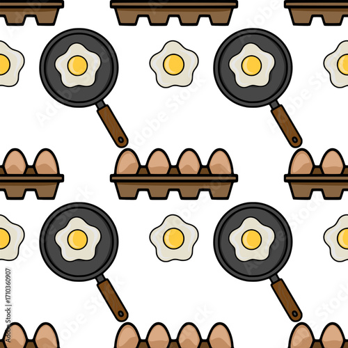 Seamless vector pattern featuring fried eggs in a pan, individual fried eggs, and cartons of eggs, creating a playful and appetizing kitchen-themed design.