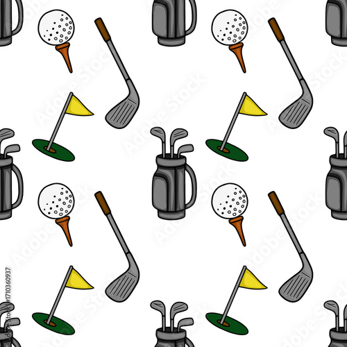 Seamless vector pattern featuring hand-drawn golf equipment, including balls on tees, clubs, bags, and flags, creating a playful and sporty design.