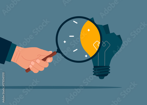 Hand holding a magnifying glass analyzing lightbulb. After business failure, burnout or exhausted from crisis, no new idea or inspiration. Vector flat illustration. 