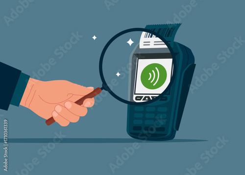 Hand holding a magnifying glass analyzing POS point of sale terminal for credit card payment. Confirms the payment by debit credit card, money, security. Vector flat illustration
