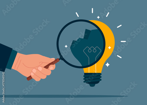 Hand holding a magnifying glass analyzing crashed lightbulb. After business failure, burnout or exhausted from crisis, no new idea or inspiration. Vector flat illustration. 