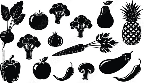 Vegetable and Fruit Assortment Silhouette vector illustration featuring assortment vegetables fruits silhouette style The black silhouettes beet tomato broccoli