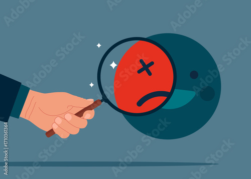 Hand holding a magnifying glass analyzing angry face symbol. Burnout from tiring work or demotivation from failure, stress. Concept of bad new and idea. Flat vector illustration. 