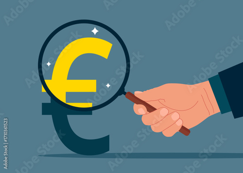 Hand holding a magnifying glass analyzing euro prices. Revenue growth or investment profit. Flat vector illustration.