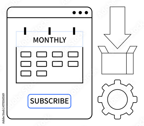 Monthly calendar panel with a subscribe button, box, downward arrow, and gear icon. Ideal for subscription, delivery, productivity, planning, services automation simple flat metaphor