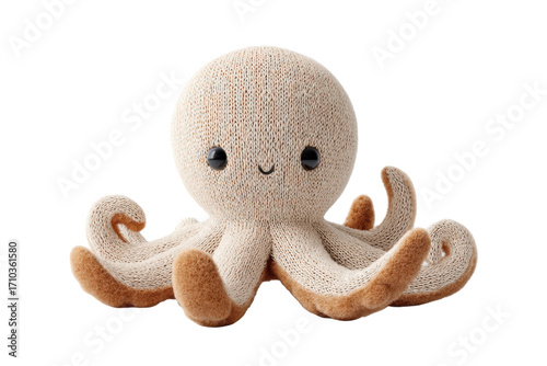 Cute knitted octopus plush toy with smiley face and soft tentacles, cut out