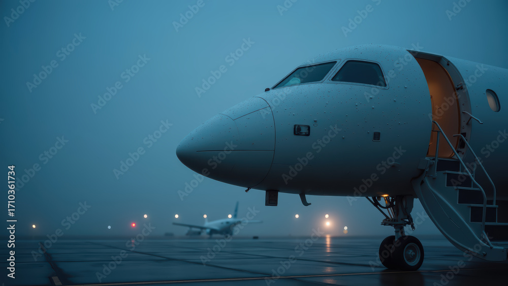 Obraz premium Sleek aircraft stands on foggy runway, illuminated by distant lights, evoking sense of adventure and anticipation