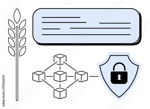 Blockchain network with interconnected cubes, shield with padlock for security, wheat crop illustration for agriculture. Ideal for agriculture, technology, security, blockchain, food safety