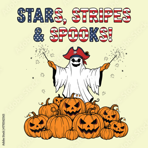 A cartoon ghost pirate with sparklers stands above a pile of carved gourds halloween tshirt design