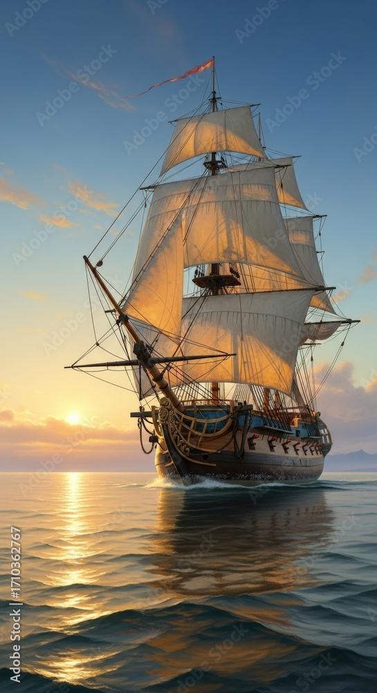 Obraz premium A majestic tall ship with full sails glides across a calm ocean during a golden sunset.