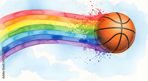 Basketball with rainbow arc and watercolor clouds on light blue background sport game
