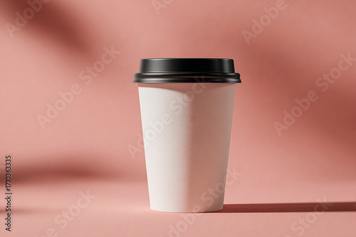 Minimal paper coffee cup mockup with black lid on pink backdrop