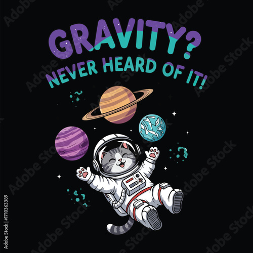 A cartoon cat astronaut floats among planets with a funny gravity quote above it halloween tshirt design