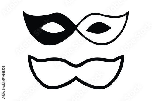 Different Mask silhouette isolated on transparent background Masquerade vector for apps or web party superhero carnival villain or burglar icon in flat. 
costume eye mask hidden person face.