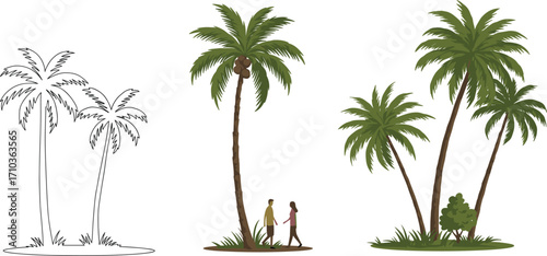 Palm trees illustration with couple, tropical nature scene, greenery, island vibes, outdoor relaxation, summer atmosphere, travel, beach, vacation, eco-friendly, landscape art.