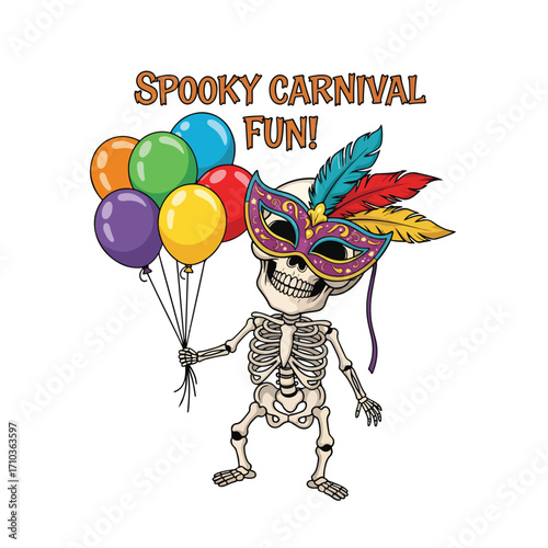 Skeleton with mask and balloons celebrating spooky carnival fun on white background halloween tshirt design