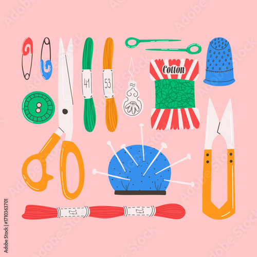 Sewing and needlework tools set. Vector illustration of craft and embroidery equipment with thread, scissors, and a thimble. Hand drawn DIY hobby collection isolated on a pink background.