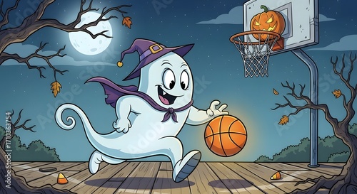 Cartoon ghost in witch hat playing basketball on a wooden court at night Halloween