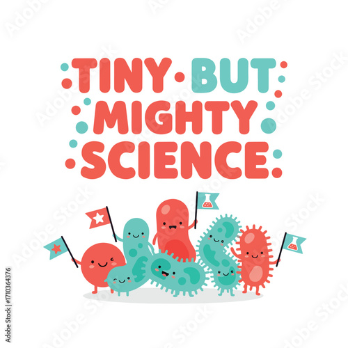 A group of cartoon microbes with flags under tiny but mighty science text halloween tshirt design