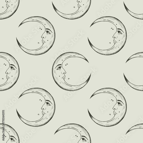 Vintage crescent moon seamless pattern. Hand drawn celestial background with magic face for witchcraft or astrology. Mystical occult sketch print for fabric. Esoteric lunar texture for wallpaper.