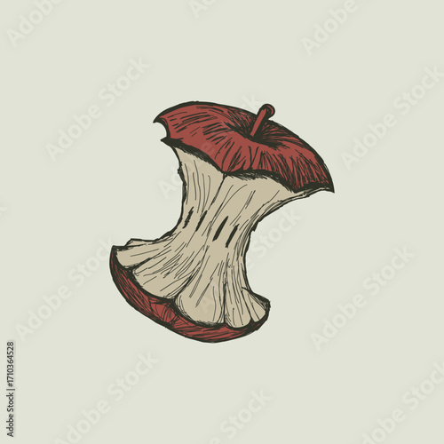 Vintage vector illustration of red apple core. Hand drawn food sketch in gothic or macabre style. Retro fruit waste or leftovers icon. Eaten apple symbol of decay or diet isolated.