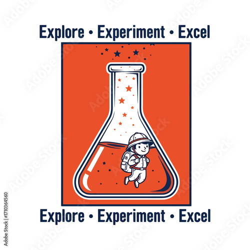 Cartoon explorer inside a flask with stars and orange background graphic art halloween tshirt design