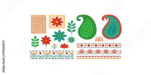 Print  Vector illustration of Indian textile embroidery elements – Kantha stitch, paisley motifs, floral thread art, and ornamental borders. Clean and colorful, isolated on white.