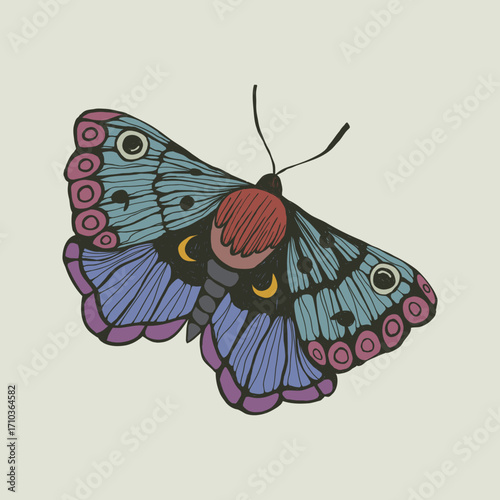 Vintage vector illustration of colorful moth. Hand drawn boho butterfly with magic mystical symbols. Retro insect sketch for tattoo or hippie print design. Witchcraft entomology element isolated.