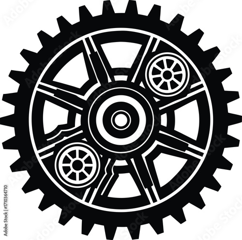 A 3D metallic mechanical gear is an intricate part of a steel machine's industrial design