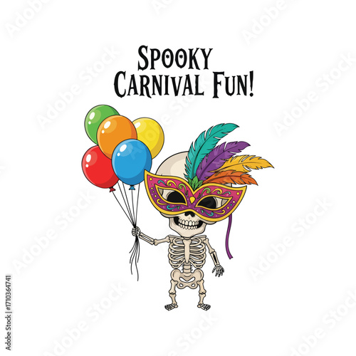 Skeleton with mask holding balloons celebrating a festive occasion theme halloween tshirt design