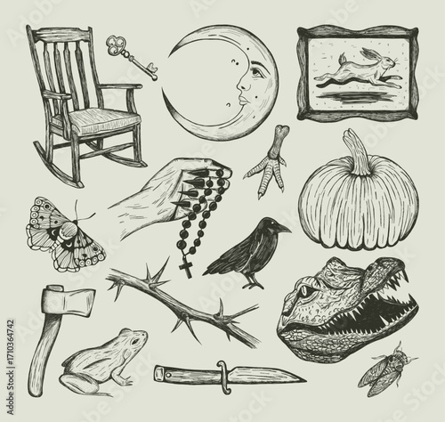 Hand-drawn vector set of Southern Gothic and folk magic icons. Features occult symbols like a crescent moon, raven, and alligator head in a macabre, vintage engraving style.