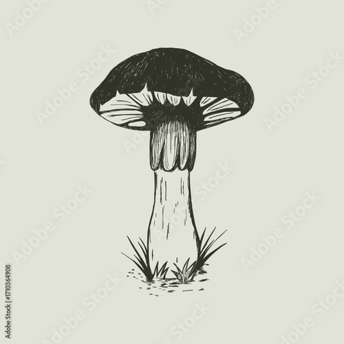 Gothic vector illustration of forest mushroom. Hand drawn vintage toadstool sketch for witchcraft design. Retro monochrome fungus icon. Macabre or cottagecore botanical element isolated.