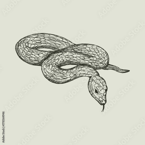 Vintage vector illustration of snake. Gothic hand drawn serpent sketch for occult or tattoo design. Retro macabre reptile icon. Witchcraft or southern gothic animal symbol isolated.
