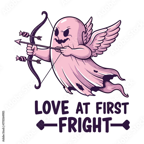Pink spectre cupid with bow and arrow illustration on a white background halloween tshirt design