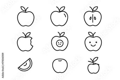 Apple icon set. Thin line vector symbols of fruit. Includes whole, half, sliced, and bitten apple. Simple linear pictogram collection for web design, app, ui, ux. Editable stroke.