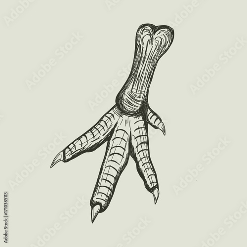 Vector illustration of a chicken foot lucky charm. Hand drawn voodoo and hoodoo witchcraft symbol. Vintage southern gothic sketch of a magic amulet or talisman. Macabre occult element isolated.