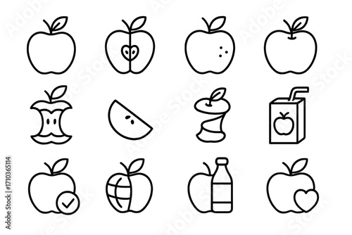 Apple icon set. Healthy fruit, food. Thin line icons. Whole, half, slice, core, peel. Juice box, bottle. Health symbol. Globe, checkmark. Vector outline pictogram collection.