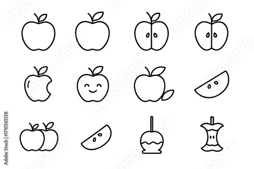 Apple icon set vector line art. Thin outline fruit symbols collection. Includes whole, sliced, bitten, and caramel apple, core, and cute kawaii character. Healthy food graphic.