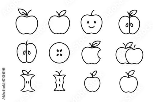 Apple icon set. Fruit line art. Healthy food symbols. Vector icons of whole, half, sliced apple, bitten core. Simple minimal outline for UI, web, apps. Editable stroke.