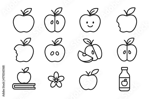 Apple fruit icon set thin line art. Simple vector collection of healthy food symbols. Includes whole, half, sliced, bitten apple, juice, blossom, book for education. Editable stroke.