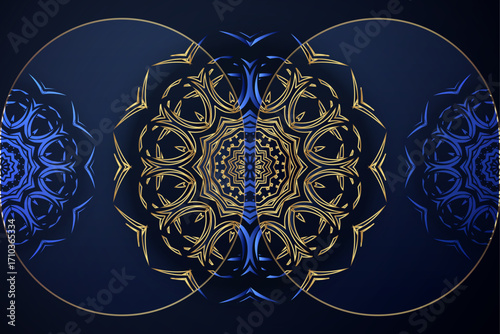 Intricate golden blue mandala artwork with symmetrical star floral ornament on deep backdrop