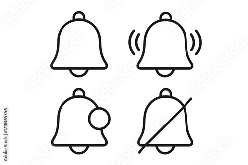 Notification bell icon set. Simple outline collection of ringing, new, and silent alert symbols. Linear vector for web and app user interface. Reminder, subscribe.