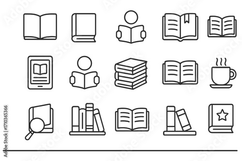 Book and reading outline icon collection. Editable stroke vector set for library, education, and literature concepts. Linear symbols for learning, study, knowledge, and ebooks.