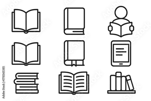 Book and reading line icon set. Simple outline icons for library, education, literature. Ebook, reader, bookshelf symbols. Vector pictogram collection for learning & knowledge.