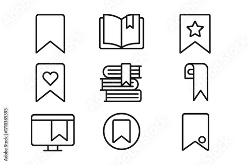 Bookmark line icon set for reading and saving. Concepts like favorite, tag, marker for books, web, and apps. Vector collection with editable stroke for UI design.