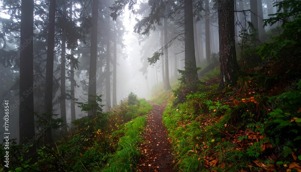 Obraz premium Misty Forest Path Autumn Hiking Trail.