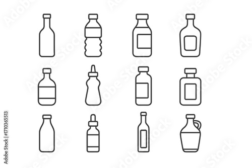 Bottle icon set. Thin line art collection of various container shapes. Vector symbols for water, wine, alcohol, medicine, sauce, and drinks. Minimalist outline pictogram pack.