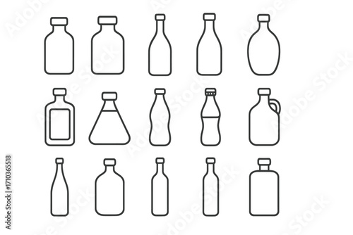 Bottle line icon set. Vector collection of various container and flask shapes. Outline symbols for water, soda, milk, juice, alcohol, medicine. Minimalist packaging elements.