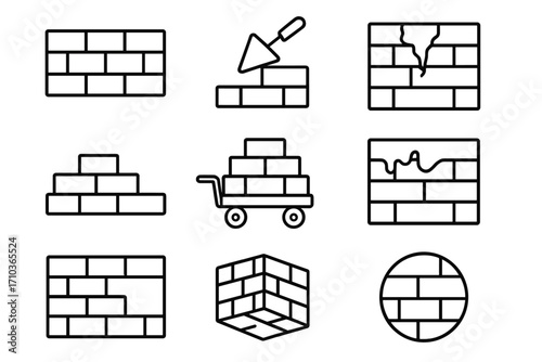 Brick wall construction line icon set. Vector outline collection of brickwork, masonry, building process. Trowel, broken wall, stacked bricks, cart, editable stroke symbols.