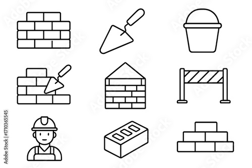 Construction and masonry outline icon set, brick wall, builder, trowel, cement bucket, barrier, block, building site, editable stroke vector, perfect for infographic and architectural design